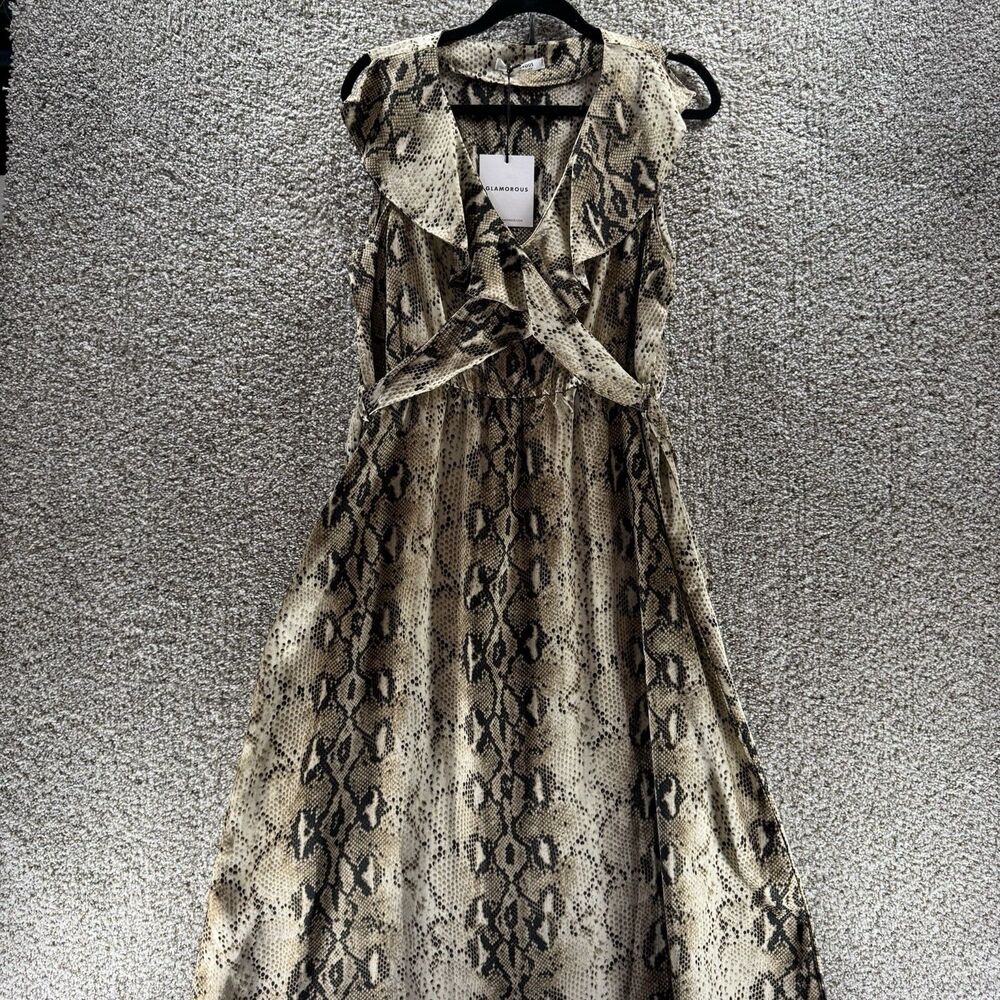 Glamorous Dress Womens 8 Midi Lenora Snakeskin Print Tie Back New With Tags Poly